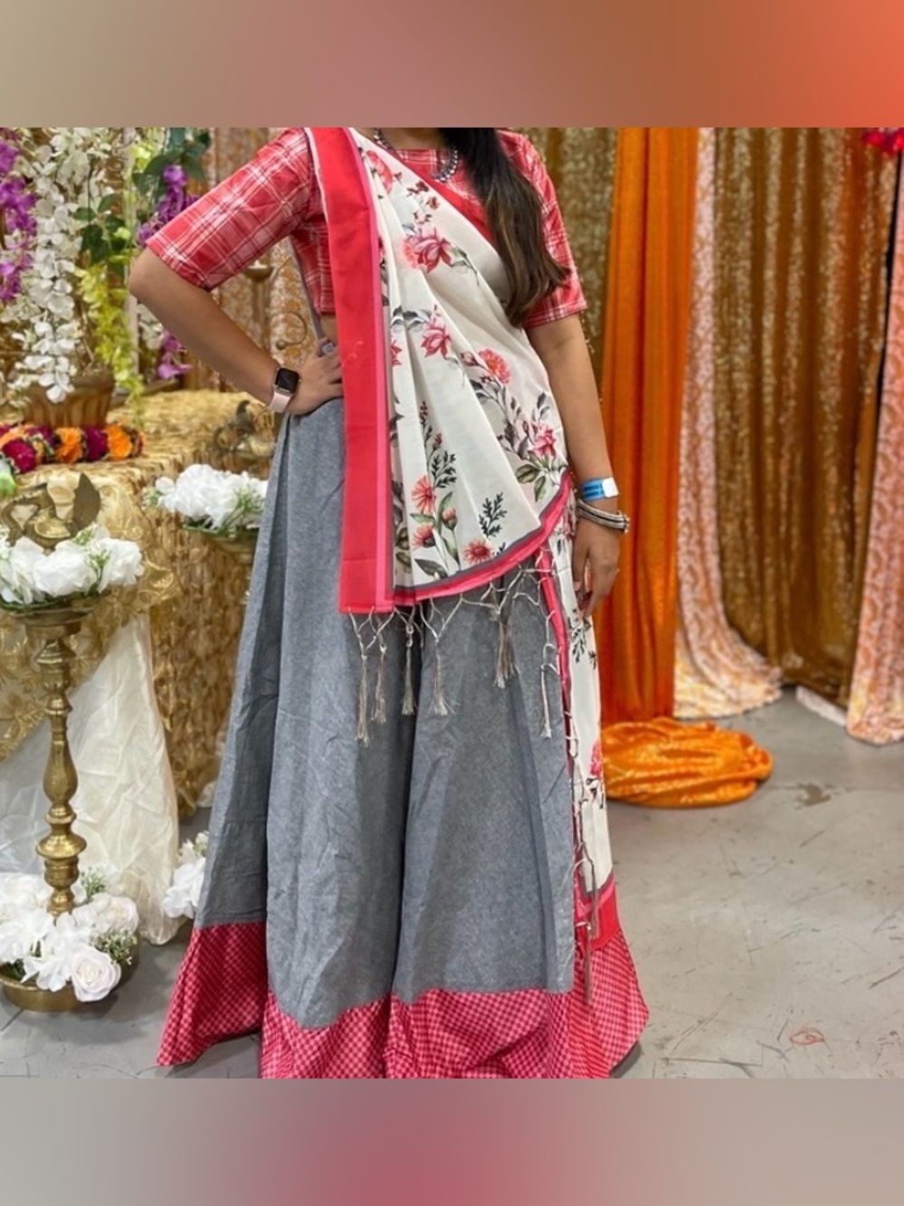 Chic Gray and Red Women's Lehenga